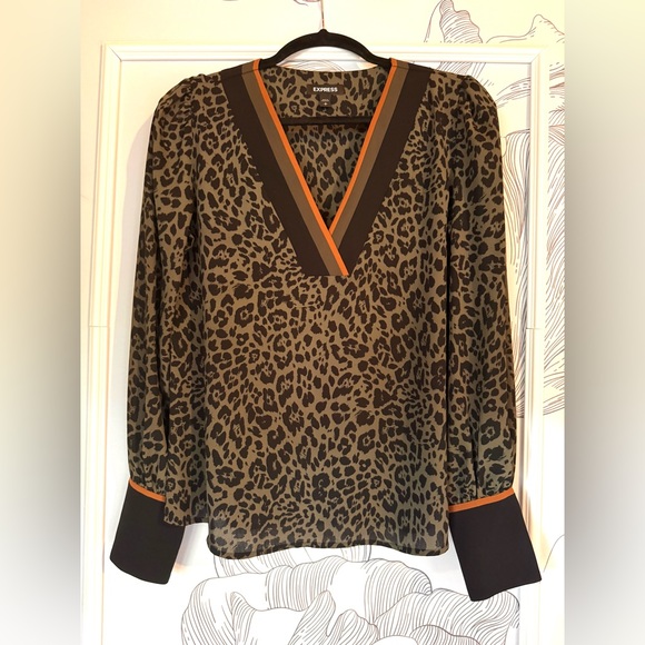 EXPRESS Leopard Print Blouse in Muted Green w/ Cinnamon color trim - Size Small - Picture 1 of 5